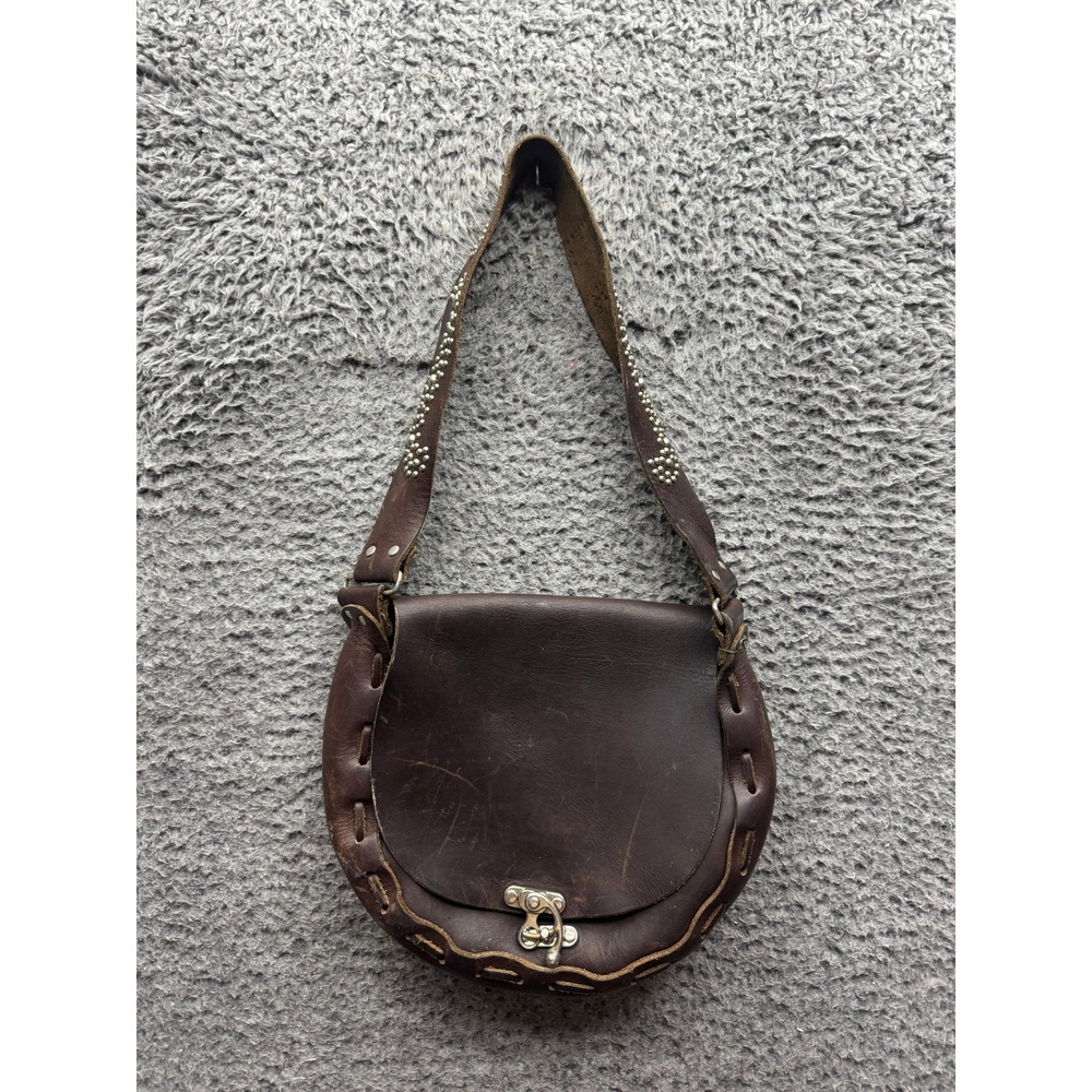 Vintage Women's Peace Handmade Studded Leather Flap Saddle Shoulder Bag Brown